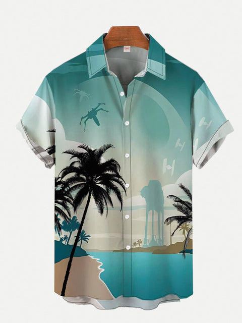 Quiet Beach Coconut Tree Technology Battle Armor Silhouette Printing Short Sleeve Shirt