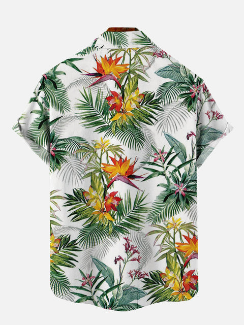 Hawaiian Rainforest Flowers Plants And Palm Leaves Printing Breast Pocket Short Sleeve Shirt