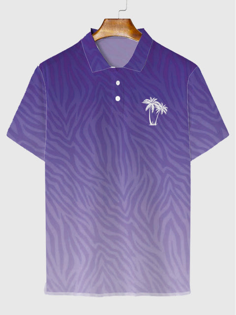 Purple Gradient Coconut Tree Printing Short Sleeve Polo