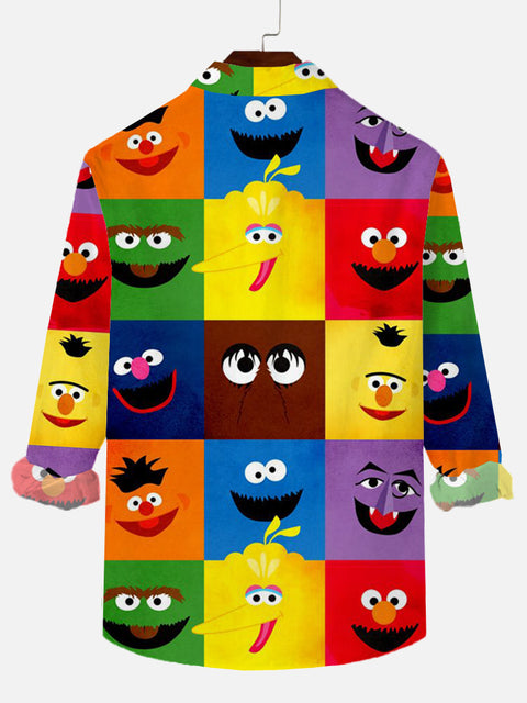 Abstract Painting Checkered And Colorful Cartoon Characters Personalized Cartoon Costume Printing Long Sleeve Shirt