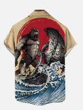 Ancient Painting Ukiyo-E Godzilla Wars With Ocean Waves Personalized Printing Short Sleeve Shirt