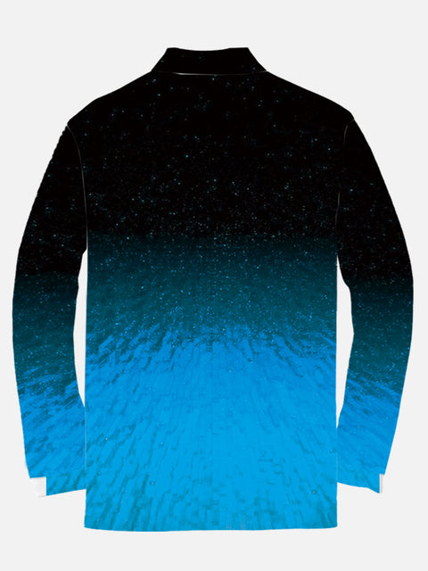 Abstract Blue Gradient Star Night Printing Long Sleeve Polo