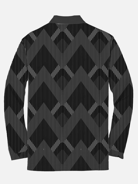 Black Abstract Geometric Diamond Check Printing Long Sleeve Polo