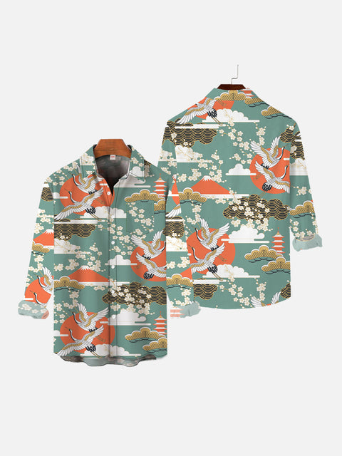 Mysterious Oriental White Cranes And Red Sun Printing Breast Pocket Long Sleeve Shirt