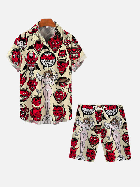 Hawaii Style Devil Head In Various Shapes Old School Tattoos Printing Shorts