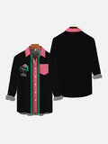 50s Black And Pink Stitching Halloween Island Skull Flamingo Printing Breast Pocket Long Sleeve Shirt