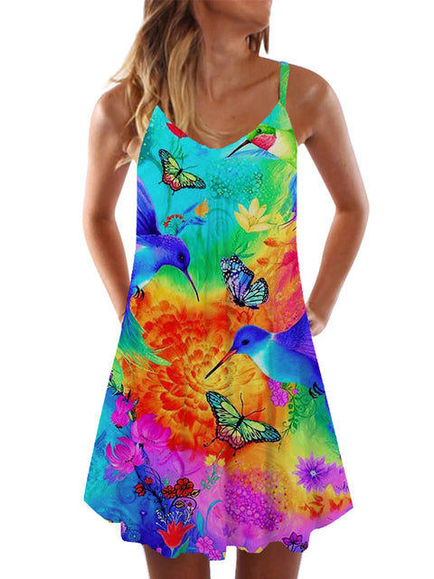Hippie Psychedelic Rainbow Birds and Butterfly Printing Sleeveless Camisole Dress
