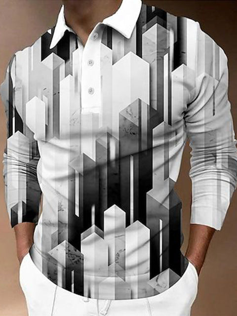 Abstract Urban Skyscraper Black And Gray Gradient Printing Long Sleeve Polo