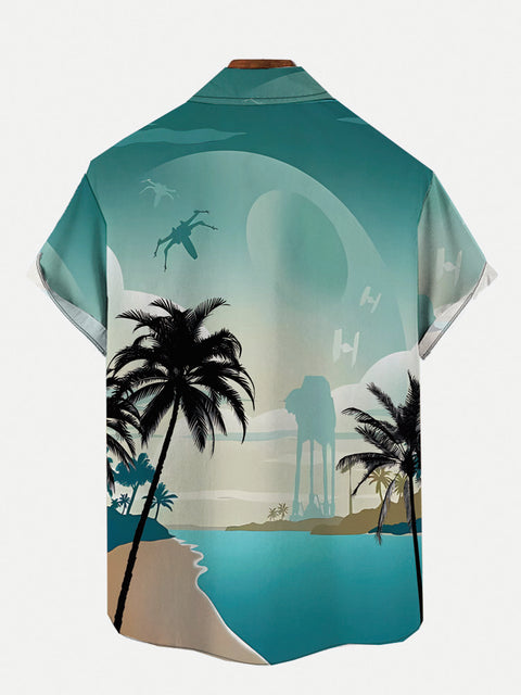 Quiet Beach Coconut Tree Technology Battle Armor Silhouette Printing Short Sleeve Shirt