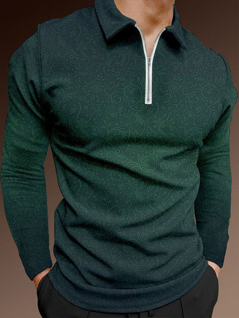 Gradient Green Luxury Ethnic Style Floral Pattern Printing Long Sleeve Polo