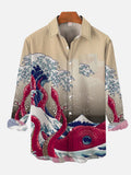 Japan Style Ukiyo-E Red Sea Monster Octopus With Ocean Waves Personalized Printing Breast Pocket Long Sleeve Shirt