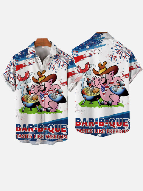 Pig Making BBQ American Flag Printing Short Sleeve Shirt