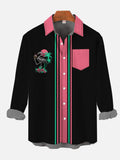50s Black And Pink Stitching Halloween Island Skull Flamingo Printing Breast Pocket Long Sleeve Shirt