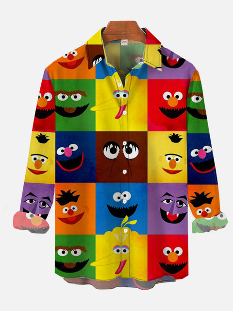 Abstract Painting Checkered And Colorful Cartoon Characters Personalized Cartoon Costume Printing Long Sleeve Shirt