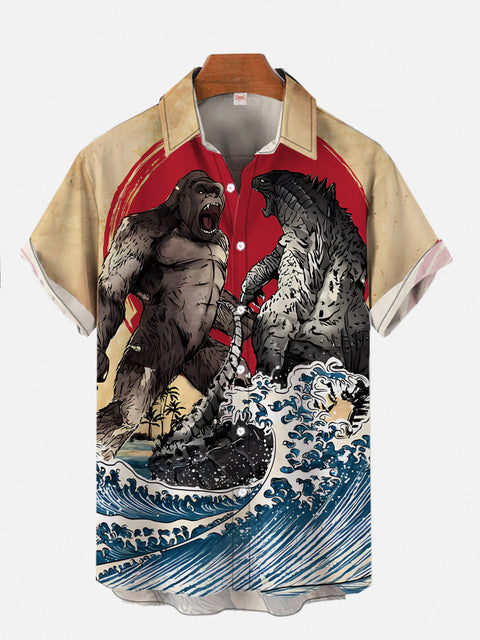 Ancient Painting Ukiyo-E Godzilla Wars With Ocean Waves Personalized Printing Short Sleeve Shirt