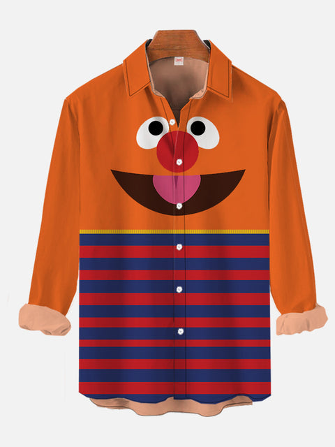 Cartoon Image Big Eyes Orange And Stripes Patchwork Cartoon Costume Long Sleeve Shirt