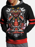 Red And Black Stitching Samurai Helmet Mask Printing Hooded Sweatshirt