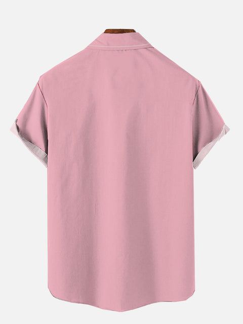 Retro Pink And White Flamingo Printing Hawaiian Style Short Sleeve Shirt