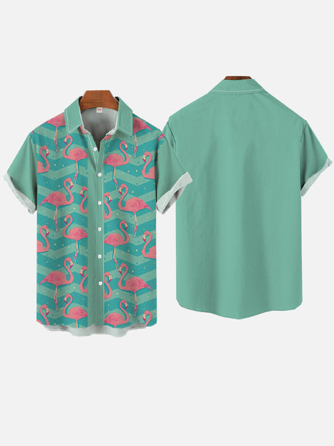 Hawaiian Teal Gradient Zigzag Pattern And Flamingos Printing Short Sleeve Shirt