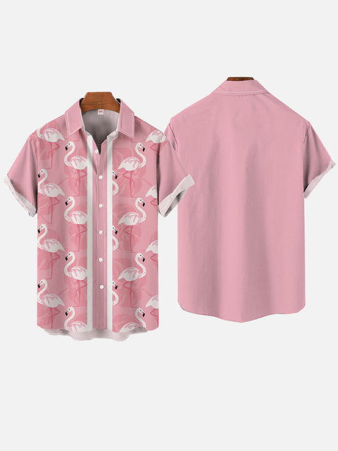 Retro Pink And White Flamingo Printing Hawaiian Style Short Sleeve Shirt