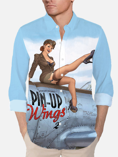 Vintage Pin Up Girl Poster Pin-Up Wings Fighter And Beauty Printing Long Sleeve Shirt