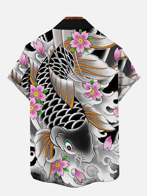 Ukiyo-E Ink Painting Koi With Floral Printing Short Sleeve Shirt