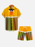 Yellow And Contrast Stripe Stitching Cartoon Characters Printing Cartoon Costume Shorts