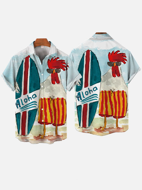 Beach Style Cock In Shorts With A Surfboard Printing Short Sleeve Shirt