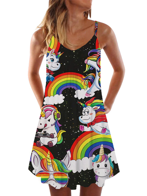 Hippie Starry Rainbow Flying Playful Unicorn Printing Sleeveless Camisole Dress