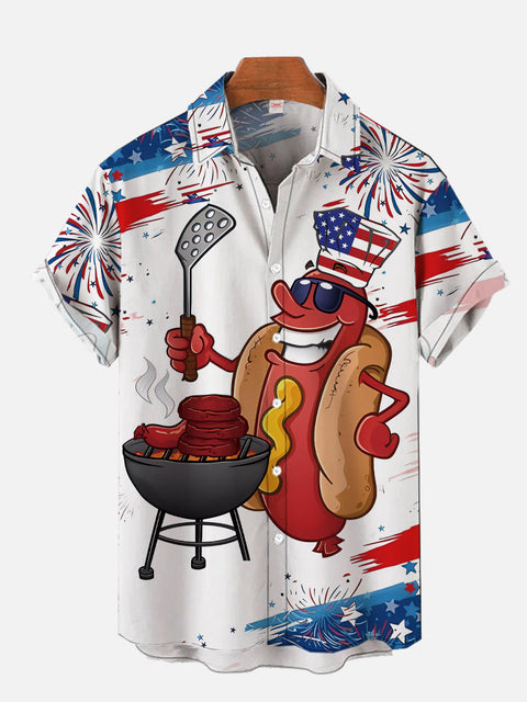 American Flag Cartoon Hot Dog Sausage Barbecue Printing Short Sleeve Shirt