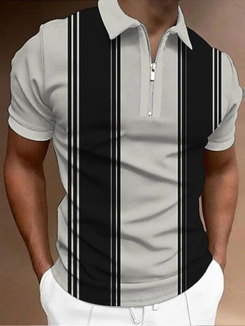 Retro Casual Black And Gray Color Stripes Printing Short Sleeve Polo