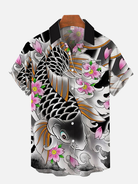 Ukiyo-E Ink Painting Koi With Floral Printing Short Sleeve Shirt