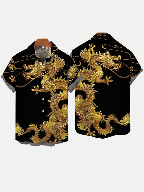 Black Gold Contrasting Color Mighty Chinese Dragon Printing Short Sleeve Shirt