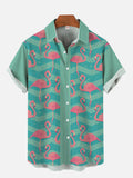 Hawaiian Teal Gradient Zigzag Pattern And Flamingos Printing Short Sleeve Shirt