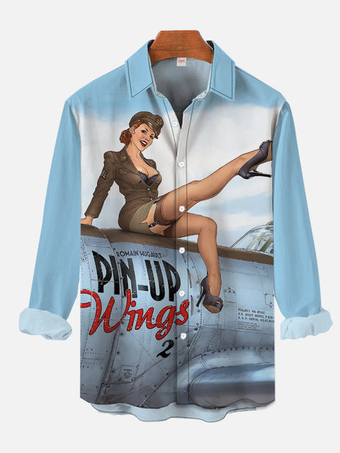 Vintage Pin Up Girl Poster Pin-Up Wings Fighter And Beauty Printing Long Sleeve Shirt