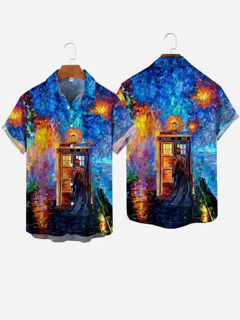 Artistic Abstract Oil Painting Starry Night And Time Travel Box Printing Breast Pocket Short Sleeve Shirt