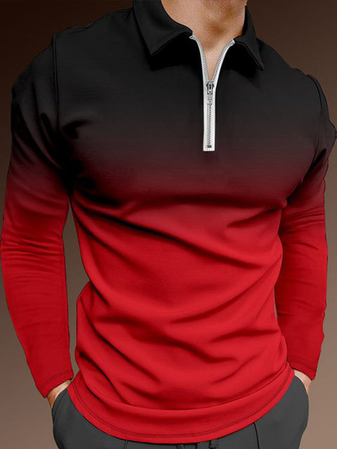 Gradient Art Black And Red Gradient Zipper Spread Collar Long Sleeve Polo