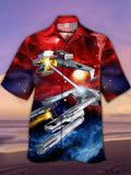 Eye-Catching Psychedelic Red And Blue Galaxy Space And Interstellar Travel Starship Printing Cuban Collar Hawaiian Short Sleeve Shirt