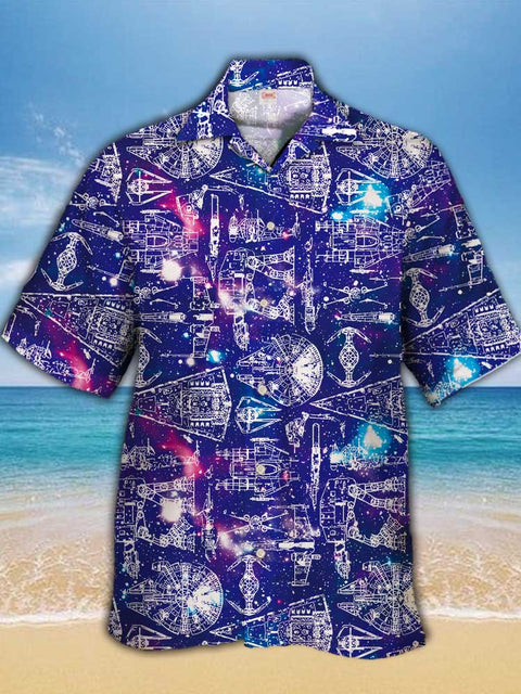 Eye-Catching Space War Purple Galaxy And Aircraft Blueprints Printing Cuban Collar Hawaiian Short Sleeve Shirt