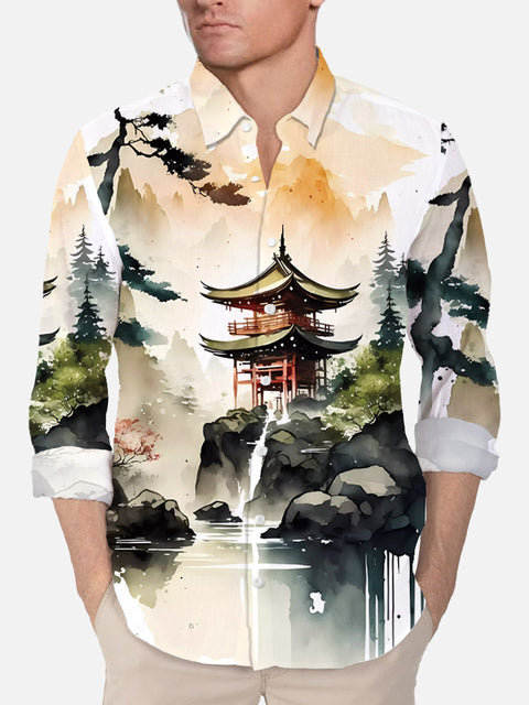 Mysterious Oriental Color Ink Painting Solitary Pavilion And Pines Printing Long Sleeve Shirt