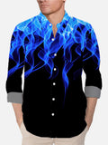 Vogue Blue Fire Flame Pattern Printing Breast Pocket Long Sleeve Shirt