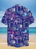 Eye-Catching Space War Purple Galaxy And Aircraft Blueprints Printing Cuban Collar Hawaiian Short Sleeve Shirt