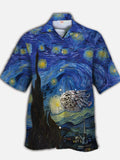 Eye-Catching Classic Famous Painting Starry Sky And Space War Starship Printing Cuban Collar Hawaiian Short Sleeve Shirt