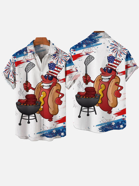 American Flag Cartoon Hot Dog Sausage Barbecue Printing Short Sleeve Shirt