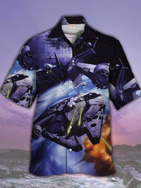 Eye-Catching Sci-Fi Space Fighter War Printing Cuban Collar Hawaiian Short Sleeve Shirt