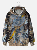 Ukiyo-e Blue Dragon In Sea Of Clouds And Lightning Printing Hooded Sweatshirt