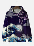 Ukiyo-E Ocean Waves Retro Purple Cherry Blossoms Personalized Printing Hooded Sweatshirt