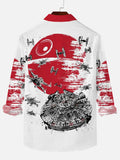 Delightful Red And White Stitching Planet And Spaceship Drones Printing Long Sleeve Shirt