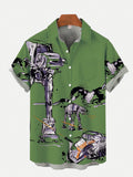 Green Hand Drawn Doodle Style Armored Walker Printing Breast Pocket Short Sleeve Shirt