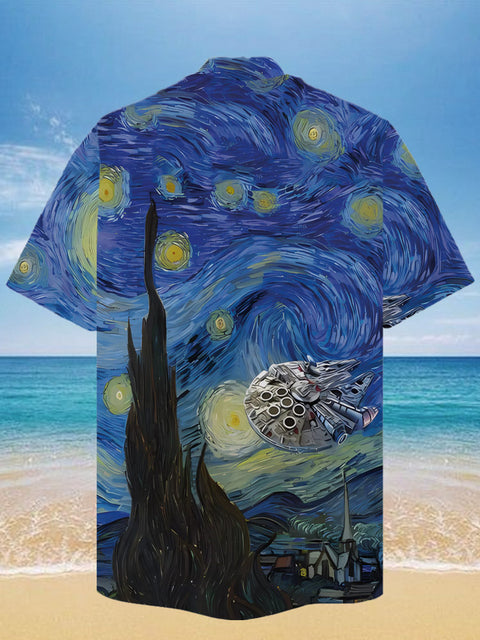 Eye-Catching Classic Famous Painting Starry Sky And Space War Starship Printing Cuban Collar Hawaiian Short Sleeve Shirt